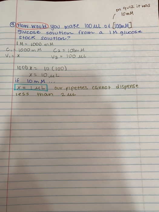 on quiz it was / 10mm How would you make 100 ML of LoomM glucose solution from a Mglucose STOCK Solution? IM > 1000 MM ciz 10
