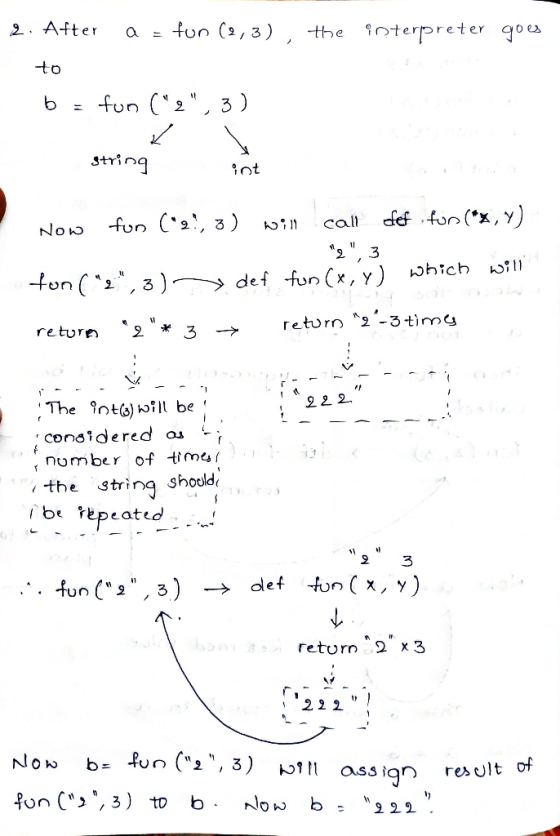 2. After a = ton (2,3), the interpreter goes to b = (23) string int 2 3 Now fon (2, 3) will call def for (x, y) ton (2,