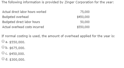 The following information is provided by Zinger Corporation for the year: Actual direct labor hours worked Budgeted overhead
