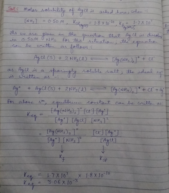 Sol- Molar solubility of Ag Cl is asked here, when - [N Hz] = 0.50 m. Kslengtos = 118 x 10-60, ktor 7X As we are given in the