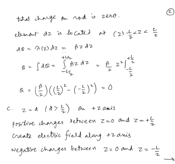 total charge ou rod is zero. element az u located at NIP do= A(z) dz B z dz = +42 22 A+S46 Supz dz 2211 Q (C)-(-:-)) = 0 C. z