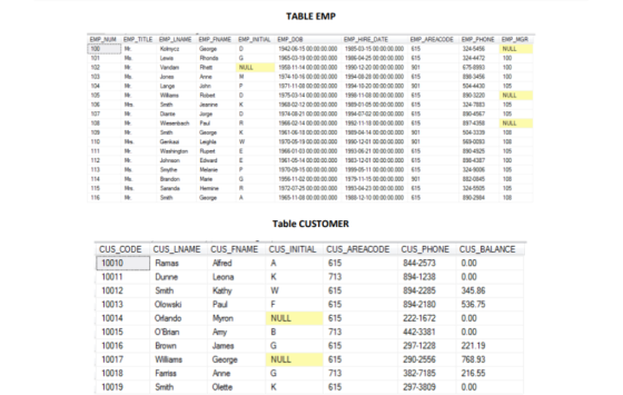 TABLE EMP EMP NUM EMP TITLE EMP LNAME EMP FNAME EMP INITIAL EMP DO8 EMP HIRE TE EMP AREACODE EMP PHONE EMP_MGR Kolmycz George 1942-06-15 0000 00.000 1985-03-15 00 00:00 000 61 1965-03-19 0000 00.000 1986 04-25 00:0000 000 615 958-11-14 00-00 00.000 1990-12-20 00 00 00 000 901 974-10-16 00 00 00.000 199408 28 00 00 00 000 615 1971-11-08 00 00 00 000 1994 1020 00-00-00 000 901 19750314000000000 1996-11-08000000… 615 968-02-12 00 00:00.000 1989 01-05 0000 00.000 615 974-08-21 00 00 00.000 1994-07-02 00 00:00 000 615 1966-02-14 00-00-00.000 1992-11-18 00 00 00 000 615 1961-06-18 00-0000.000 198904-14 00-00 00 000 901 970-05-19 00 00.00.000 1990-12-01 00 00:00.000 90 1966-01-03 0000.00.000 1993-06-21 00 00:00.000 615 1961-05-14 000000000 1983-12-01 000000000 615 970-09-15 00 00.00.000 1999-05-11 00:00:00.000 15 956-11-02 00 00.00.000 1979-11-15 00 00:00.000 90 1972-07-25 0000.00.000 1953-04-23 00 0000.000 615 1965-11-08 00 00.00.000 1988-12-10 00:00.00.000 615 24-4472 75-8993 98-3456 100 100 NULL 90-3220NULL 324-7883 Weserbach Pau 504-3335 110 690093108 Washington Rupert 112 113 114 115 116 249006 105 82-0845 108 890-2984 108 Table CUSTOMER CUS CODE CUS_LNAME CUS FNAME CUS INITIAL CUS AREACODE CUS PHONE CUS BALANCE 10010 10011 10012 10013 10014 10015 10016 10017 10018 10019 615 713 615 44-2573 894-1238 894-2285 894-2180 222-1672 442-3381 297-1228 290-2556 382-7185 297-3809 0.00 0.00 45.86 536.75 0.00 0.00 221.19 768.93 216.55 0.00 Paul NULL 615 713 OBrian NULL Williams Fariss 713 615