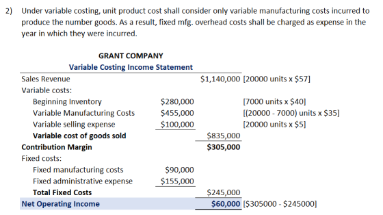 2) Under variable costing, unit product cost shall consider only variable manufacturing costs incurred to produce the number