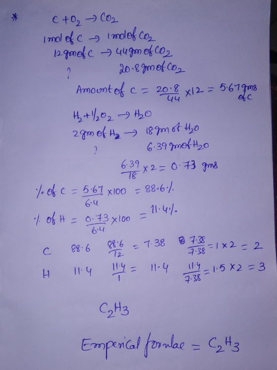 - 44 CtO₂ CO2 i molefc i molef com 129mefc 449m of CO2 ? 20.89met con Amount of c= 2018 x 12 = 5.67 gms H₂ + 1/₂O2 H₂O agm of