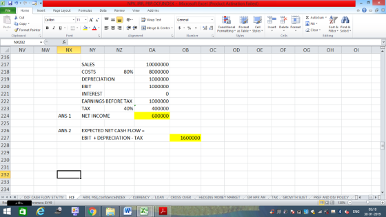 Home nert Page Layout Formulas Data Review View dd-Ins Cut E AutoSum ー E ゴWrap Text General aCopy в 1 프 . Ej-., Δ. : rーー 逻锂函Merge & Center. $, % , 弼,8 C Paste Conditional Format CeInsert Delete Format Formatting as Table Styles2 Clear Sort &Find & Format Painter Clipboard NX232 NV Font Alignment Number Styles Cells Edting NW NX NY NZ OA OB OC OD OE OF OG он Ol 216 217 218 219 220 221 SALES COSTS DEPRECIATION EBIT INTEREST EARNINGS BEFORE TAX TAX NET INCOME 80% 8000000 1000000 1000000 0 1000000 400000 223 224 225 226 227 228 229 230 231 232 233 234 (4くトト1 40% ANS 1 ANS 2 EXPECTED NET CASH FLOW EBIT DEPRECIATION - TAX 1600000 OCF CASH FLOW STAT N | FCF . ARM, MS,confidenceINDEX . CURRENCY . LOAN CROSS OVER HEDGING MONEY MARKET . GM HPR AM , TAX , GROWTH SUST, PREF AND DIV POLICY , erences: EV49 05:18 30-01-2019
