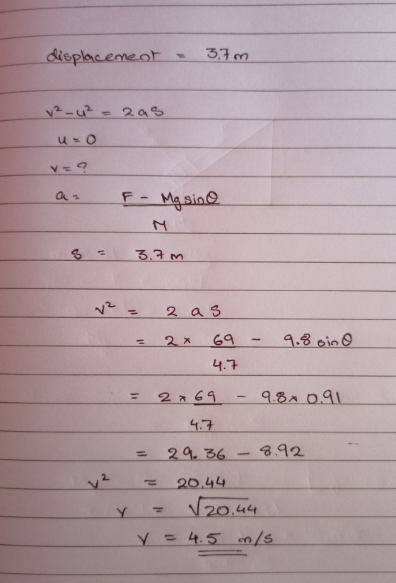 displacement 3.7 m v²_u² = = 203 u=0 V = ? F- Mg sino 3.7m 2 as 2x 69 9.8 sino 4.7 2 x 69 9.84 0.91 4.7 29.36 8.92 Y 20,44 (2