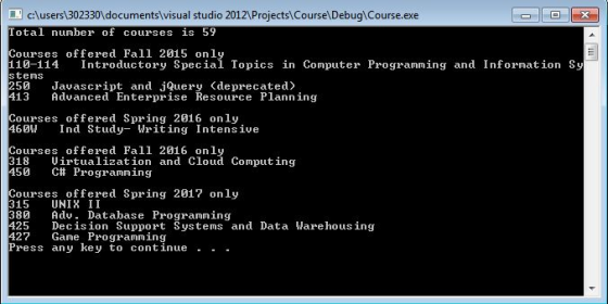 cAusers 302330 documentsl visual studio 20121Projects\ Coursel DebuglCourse.exe Total number of courses is 59 Courses offered
