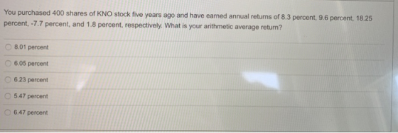 You purchased 400 shares of KNO stock five years ago and have earned annual returns of 8.3 percent, 9.6 percent, 18.25 percen