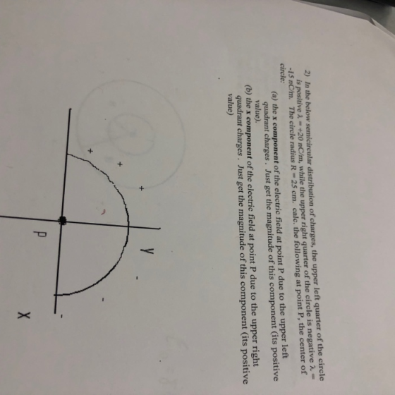 2) In the below semicircular distribution of charges, the upper left quarter of the cirele is positive λ-+20 nC/m, while the upper right quarter of the circle is negative λ- -15 nC/m. The circle radius R - 25 cm. calc. the following at point P, the center of circle (a) the x component of the electric field at point P due to the upper left quadrant charges. Just get the magnitude of this component (its positive value). (b) the x component of the electric field at point P due to the upper right quadrant charges. Just get the magnitude of this component (its positive value)