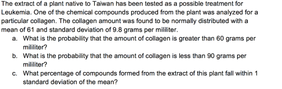 The extract of a plant native to Taiwan has been tested as a possible treatment for Leukemia. One of the chemical compounds produced from the plant was analyzed for a particular collagen. The collagen amount was found to be normally distributed with a mean of 61 and standard deviation of 9.8 grams per mililiter. a. What is the probability that the amount of collagen is greater than 60 grams per b. What is the probability that the amount of collagen is less than 90 grams per c. What percentage of compounds formed from the extract of this plant fall within 1 mililiter? mililiter? standard deviation of the mean?