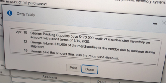e amount of net purchases? * Data Table Apr. 10 George Packing Supplies buys $170,000 worth of merchandise inventory on accou