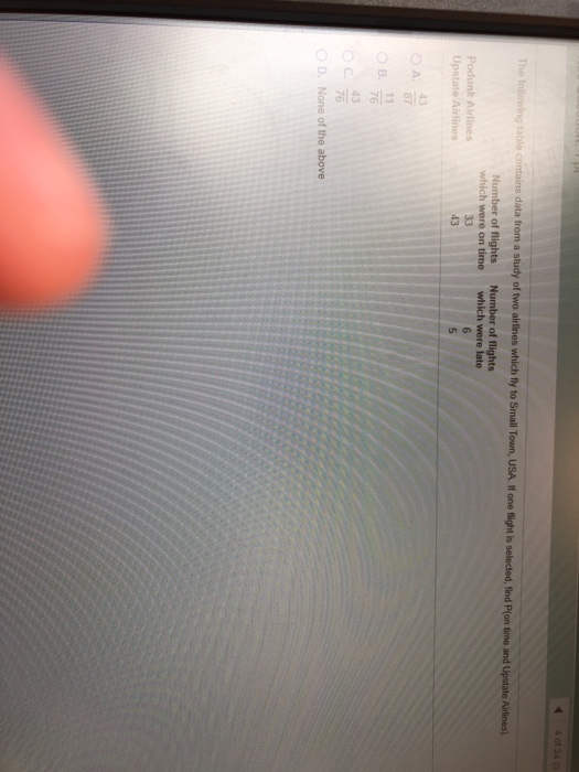 4 of 24 The following table data from a study of two airlines which fly to Small Town, USA Ifone flight is selected, find P(o