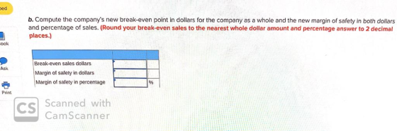 bed b. Compute the companys new break-even point in dollars for the company as a whole and the new margin of safety in both