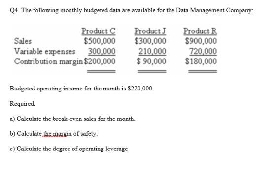 Q4. The following monthly budgeted data are available for the Data Management Company Product C $500,000 Variable expenses 30