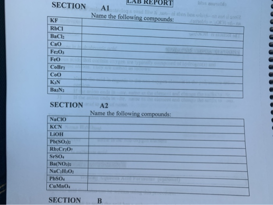 LAB REPORT boa sorolta SECTION A1 og soni bio bol2 Name the following compounds: KF RbCI BaCl2 Cao Fe2O3 FeO CoBr2 Соо KN Ba3