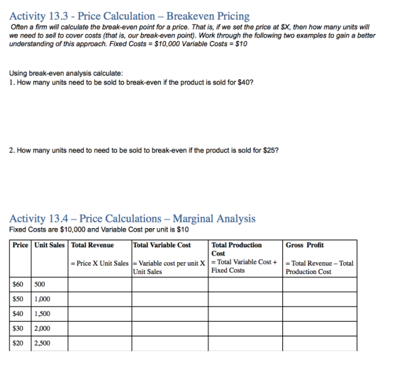Activity 13.3 - Price Calculation – Breakeven Pricing Often a firm will calculate the break-even point for a price. That is,