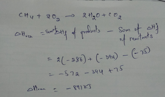 CHu + 20 - 2H₂O + CO2 olver a sortate of products - Som of ohj of reactants - 26-286) + (-390) - 623) = -572-394 +25 offrea –
