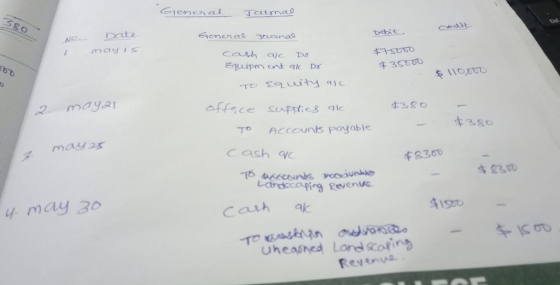 Equipm ent a D 2 maya To ACcounts payable c ash yc Laraccauping Revenua y may 30 cash uheasned Lare copin Revenu