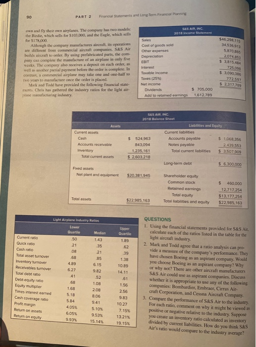 90 PART 2 Financial Statements and Long Term Francial Planning own and fly their own airplanes. The company has two models th