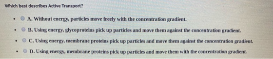 Which best describes Active Transport? • O A. Without energy, particles move freely with the concentration gradient. • B. Usi