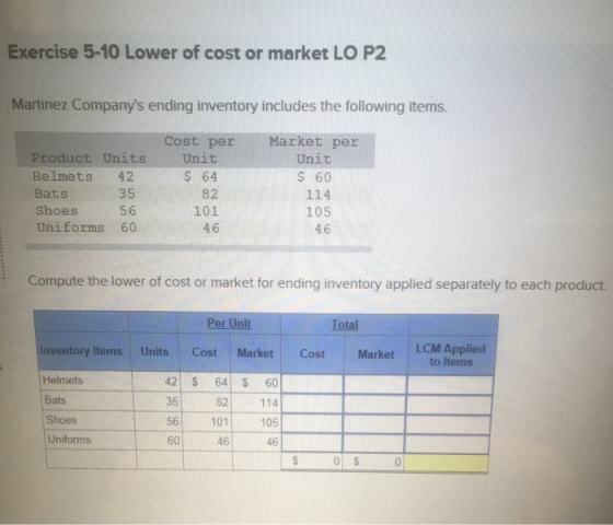 Exercise 5-10 Lower of cost or market LO P2 Martinez Companys ending inventory includes the following items. Cost per Produc
