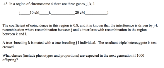 43. In a region of chromosome 4 there are three genes, j, k, 1. 10 cM 20 cM The coefficient of coincidence in this region is 0.8, and it is known that the interference is driven by j-k recombination where recombination between j and k interferes with recombination in the region between k and 1. A true -breeding k is mated with a true-breeding j 1 individual. The resultant triple heterozygote is test crossed. What classes (include phenotypes and proportions) are expected in the next generation if 1000 offspring?