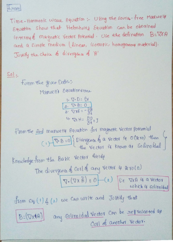 From Time-Harmonic wave Equation :- Using the source-free Medwellf Equation show that Helmholtz Equation can be obtained inte