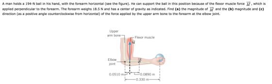 A man holds a 194-N ball in his hand, with the forearm horizontal (see the figure). He can support the ball in this position because of the flexor muscle force M, which is applied perpendicular to the forearm. The forearm weighs 18.5 N and has a center of gravity as indicated. Find (a) the magnitude of M and the (b) magnitude and (c) direction (as a positive angle counterclockwise from horizontal) of the force applied by the upper arm bone to the forearm at the elbow joint. Upper arm bone Flexor muscle Elbow joint 0.0510 m-įT-0.0890 m į 0.330 m