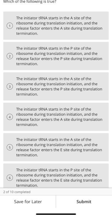 Which of the following is true? The initiator tRNA starts in the A site of the ribosome during translation initiation, and th
