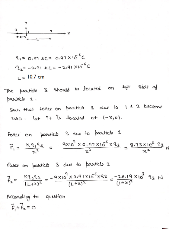 3 L= 10.7 cm The pasic 3 should bn Jocattd on sido of 2 9 -9x10x2.qi xis*x42一一26.19 X1Ổ q3 N 2 (L+x)2 (L+x)2 Accasdirg to que