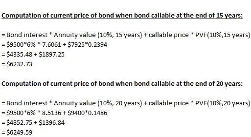 Computation of current price of bond when bond callable at the end of 15 years: = Bond interest * Annuity value (10%, 15 year