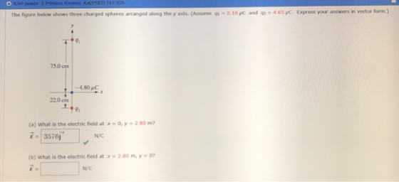 0.551 P 020 The figure below shows three charged spheres arranged along the y axis. Assume q-2.10 pC and q 4.65pC Express your answers in vector form. 91 75.0 cm -4.80 μ.C 22.0 cm 92 (a) What is the electric field at x-0,y- 2.80 m E | 3570 (b) What is the electric field at x 2.80 m, y 07 N/C N/C