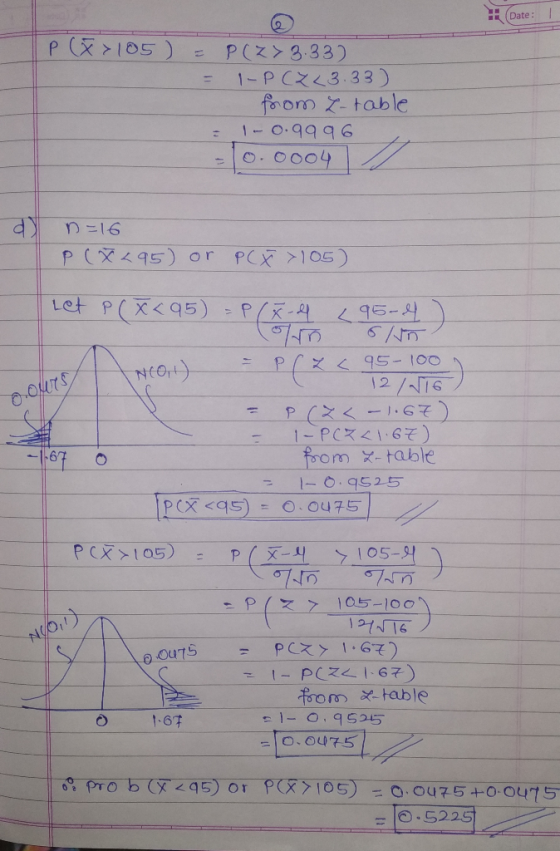 Date: 1 P (x>105 ) = P(Z > 3.33) = 1-PCZ43.33) from 2-table = 1- 0.9996 1o.ooo4 n=16 P(x295) or PCX >105) Let P (X<95) = P(x-