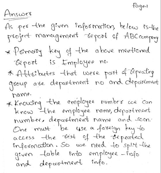 Page- Answer As per the given information, below is the project management report of ABC company * Primary key of the above m