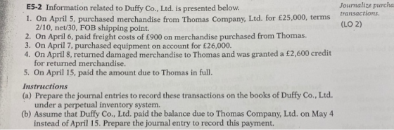 Journalize purcha transactions. (LO 2) E5-2 Information related to Duffy Co., Ltd. is presented below. 1. On April 5, purchas