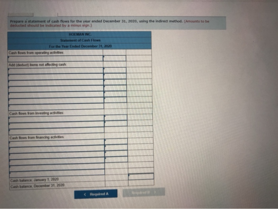 Prepare a statement of cash flows for the year ended December 31, 2020, using the indirect method. (Amounts to be deducted sh
