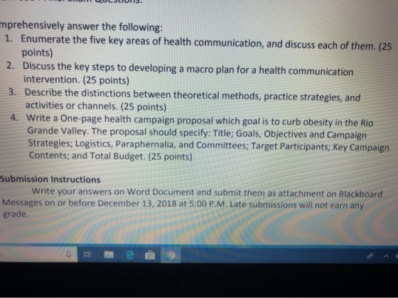 mprehensively answer the following: 1. Enumerate the five key areas of health communication, and discuss each of them. (25 po