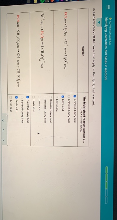ADVANCED MATERIAL Identifying Lewis acids and bases in reactions In each row check off the boxes that apply to the highlighte