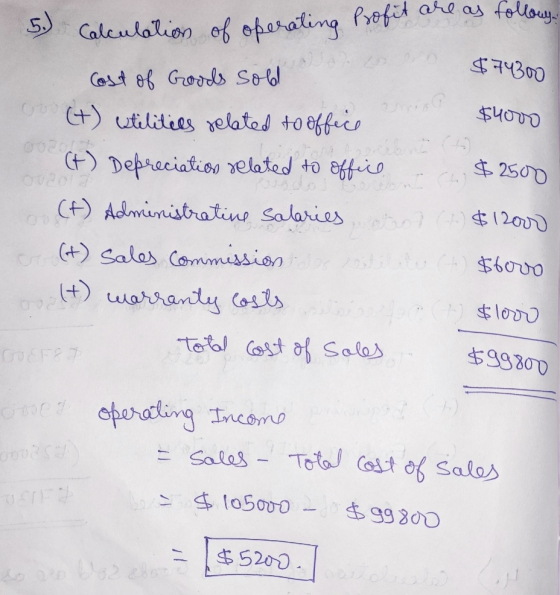 ) 5. Calculation of operating profit are as follows: $74300 $400o $ 25000 Cost of Goods sold (t) estilities related to office