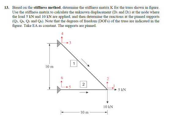 13. Based on the stiffness method, determine the stiffness matrix K for the truss shown in figure. Use the stiffness matrix t