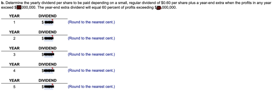 b. Determine the yearly dividend per share to be paid depending on a small, regular dividend of $0.60 per share plus a year-e