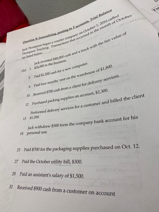 to accounts, Trial Balance Question : Journalizine posting to Taccou Durier company on October 1, 2016 called ns that occurre