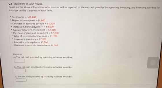 Q2 (Statement of Cash Flows). Based on the above information, what amount will be reported as the net cash provided by operat