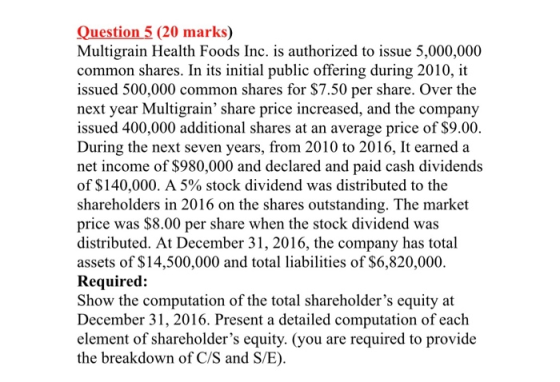 Question 5 (20 marks) Multigrain Health Foods Inc. is authorized to issue 5,000,000 common shares. In its initial public offe