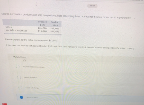Saved Dietrick Corporation produces and sells two products. Data concerning those products for the most recent month appear b