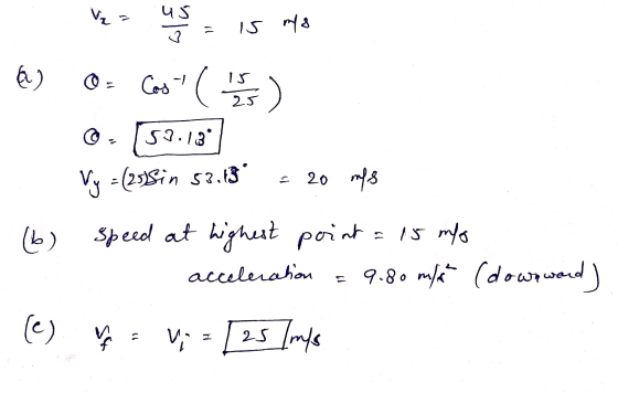 Va asta is als @ @= Cos ( ) @- [57.1897 Vy =(25Sin 53.13° = 20 mp3 (b) speed at highest point = 15 mp acceleraton = 9.80 mul