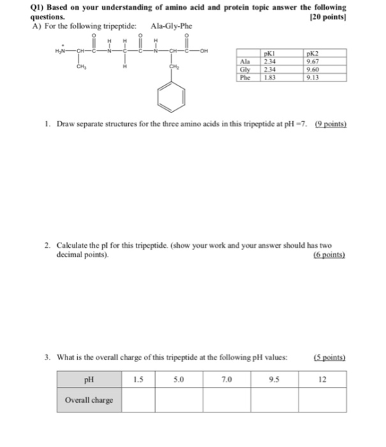 Q1) Based on your understanding of amino acid and protein topic answer the following questions. [20 points A) For the followi