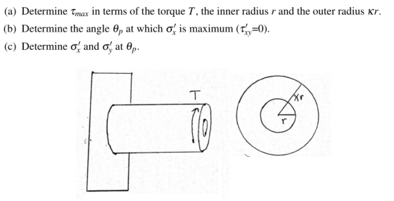 (a) Determine τmar in terms of the torque T, the inner radius r and the outer radius Kr. (b) Determine the angle θ/) at whic