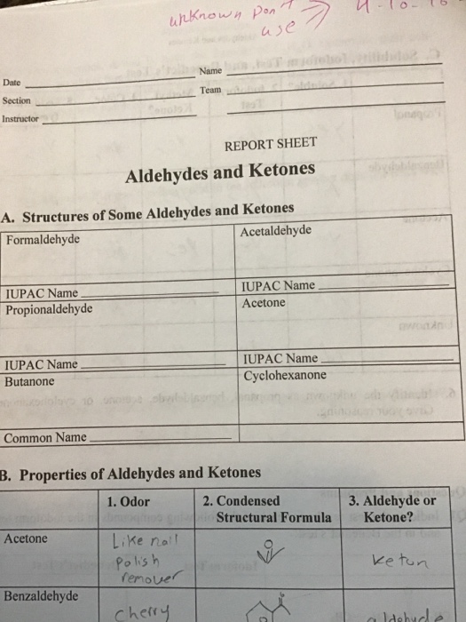 1-lo unknown pont we Name Date Team Section Instructor REPORT SHEET Aldehydes and Ketones A. Structures of Some Aldehydes and