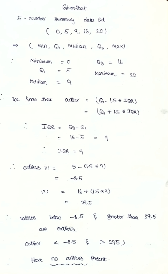 Given that 5 - number Summary data Set (0,5,9, 16, 20) → ( min, Qi, Midian , Q3, max) Mlinimen zo Q₂ = 16 - ob J Maximum = 20